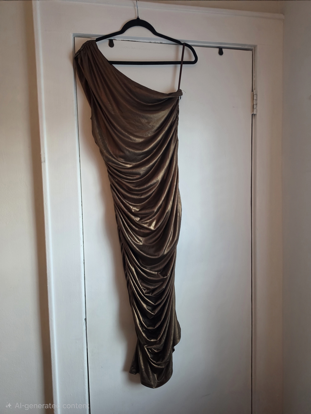 Fashion Nova One-Shoulder Ruched Metallic Bronze Dress
